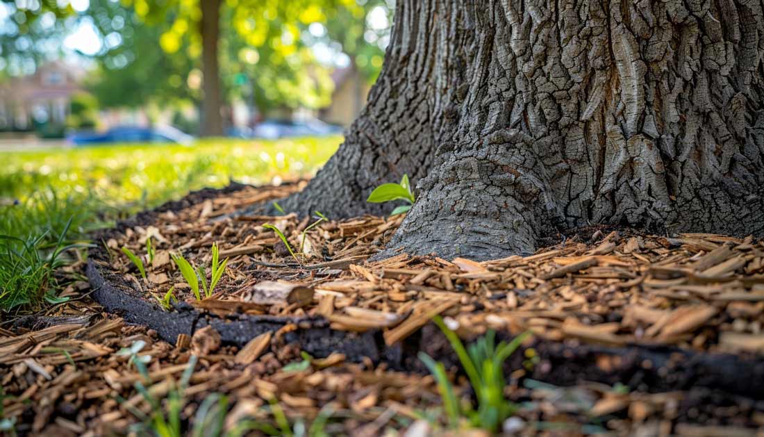 Close-up of tree trunk base with properly applied wood chip mulch and emerging grass blades"