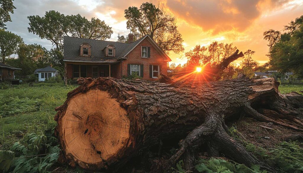 A large fallen tree in front of a residential home, illustrating the importance of tree risk assessment to prevent property damage.